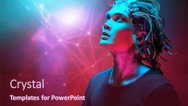  Presentation with wires - PPT layouts with portrait of a cyborg looking up over red background biological human robot with wires implanted in the head technologies of the future copy space background and a violet colored foreground