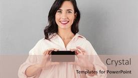  Presentation with blank - Beautiful PPT theme featuring portrait of a delighted businesswoman showing blank screen mobile phone isolated over gray background backdrop and a coral colored foreground