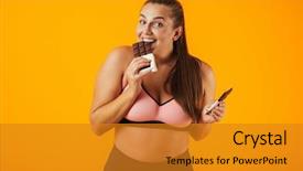  Presentation with woman outlaw - Amazing PPT theme having portrait of a delighted overweight backdrop and a gold colored foreground