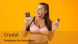  Presentation with woman stuck in ladder - Colorful slides enhanced with portrait of a delighted overweight backdrop and a gold colored foreground