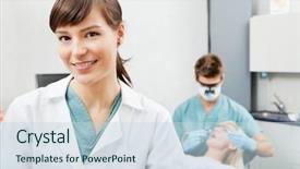  Presentation with dental assistant - Presentation enhanced with confident dentist drilling the patients teeth background and a teal colored foreground