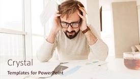  Presentation with home documents - PPT theme with portrait of a desperate man working with documents while having breakfast on a kitchen at home background and a lemonade colored foreground