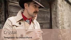  Presentation with detective - Presentation theme consisting of portrait of a detective near a wooden door background and a coral colored foreground