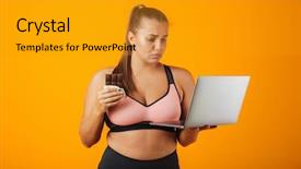  Presentation with woman sport - Cool new presentation theme with portrait of a disappointed overweight backdrop and a gold colored foreground