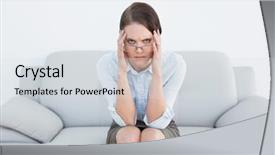  Presentation with well - Slide set with portrait of a displeased well dressed young woman sitting on sofa at home background and a sky blue colored foreground
