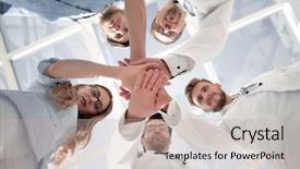  Presentation with multiracial team of young doctors stacking hands - Amazing slides having portrait of a doctor team backdrop and a mint green colored foreground