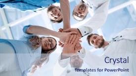  Presentation with team hands - PPT theme having portrait of a doctor team background and a sky blue colored foreground