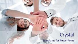  Presentation with multiracial team of young doctors stacking hands - Audience pleasing theme consisting of portrait of a doctor team backdrop and a sky blue colored foreground