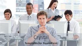  Presentation with team work - Cool new presentation theme with portrait of a dynamic business team at work in the office backdrop and a light gray colored foreground