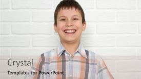  Presentation with white brick wall - Beautiful PPT theme featuring portrait of a emotional boy standing near white brick wall dressed in a plaid shirt backdrop and a mint green colored foreground
