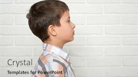  Presentation with white brick wall - Slide set enhanced with portrait of a emotional boy standing near white brick wall dressed in a plaid shirt background and a light gray colored foreground