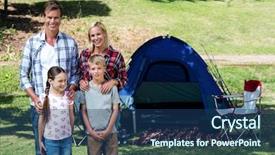  Presentation with tent - PPT theme having portrait of a family standing outside the tent on a sunny day background and a ocean colored foreground