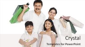  Presentation with family shopping - Presentation design enhanced with silhouette of happy family who background and a  colored foreground.