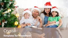  Presentation with snowflakes - Slide deck featuring portrait of a family at christmas on the sofa against snowflakes background and a coral colored foreground
