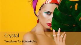  Presentation with bright yellow - Beautiful presentation featuring portrait of a fashionable woman backdrop and a gold colored foreground