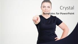  Presentation with fat - Colorful presentation design enhanced with portrait of a fat woman in sportswear pointing finger at camera isolated on a white background backdrop and a white colored foreground