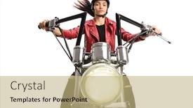  Presentation with custom - Theme featuring portrait-of-a-female-biker background and a coral colored foreground