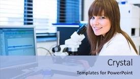  Presentation with research - PPT layouts with portrait of a female researcher background and a light blue colored foreground