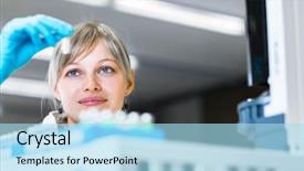  Presentation with glass chemistry lab equipment - Presentation theme with portrait of a female researcher background and a light blue colored foreground