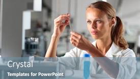  Presentation with research - PPT theme with portrait-of-a-female-researcher background and a seafoam green colored foreground