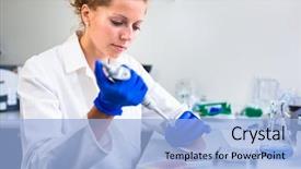  Presentation with research - Slide deck with portrait of a female researcher background and a light blue colored foreground