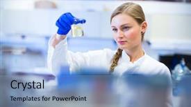  Presentation with research - Cool new theme with portrait of a female researcher backdrop and a light blue colored foreground