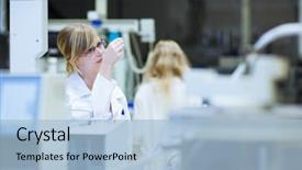  Presentation with chemistry - Colorful PPT layouts enhanced with portrait of a female researcher chemistry student carrying out research in a chemistry lab color toned image shallow dof backdrop and a light blue colored foreground