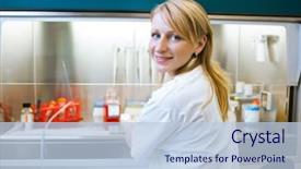  Presentation with ethics in research - Slide deck featuring portrait of a female researcher background and a light blue colored foreground