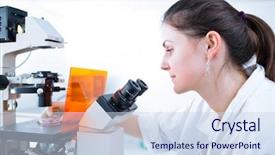  Presentation with research - Colorful slide deck enhanced with portrait of a female researcher backdrop and a sky blue colored foreground