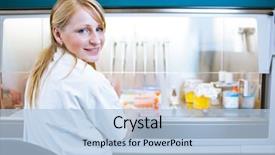  Presentation with research - Audience pleasing slide set consisting of portrait of a female researcher backdrop and a light blue colored foreground