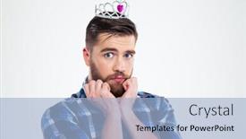  Presentation with feminine - Amazing presentation design having portrait of a feminine man in queen crown standing isolated on a white background and looking at camera backdrop and a light blue colored foreground