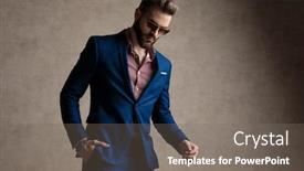  Presentation with navy - Presentation design enhanced with portrait of a fine formal business man wearing a navy suit and sunglasses standing with one hand in pocket while leaning over serious against gray studio background background and a gray colored foreground