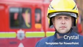  Presentation with firefighter - Audience pleasing PPT theme consisting of portrait of a firefighter standing backdrop and a ocean colored foreground