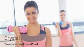  Presentation with lifting weights - Theme consisting of portrait of a fit smiling young woman lifting dumbbell weights with friend in background at a gym background and a coral colored foreground