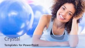  Presentation with exercise mat - Presentation theme consisting of portrait of a fit young woman lying on exercise mat in a bright fitness studio background and a light blue colored foreground