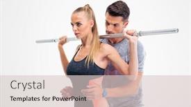  Presentation with barbell - Amazing theme having portrait of a fitness woman lifting barbell with trainer isolated on a white background backdrop and a lemonade colored foreground