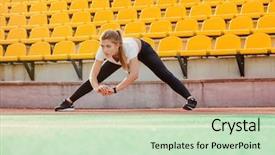  Presentation with stretching - PPT theme enhanced with portrait of a fitness woman doing stretching exercises at stadium background and a soft green colored foreground