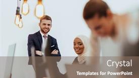  Presentation with african american startup - PPT theme consisting of portrait-of-a-formal-businessman background and a violet colored foreground