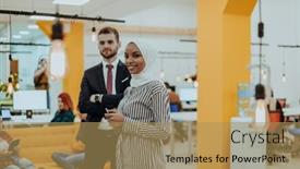  Presentation with african american startup - Slides enhanced with portrait-of-a-formal-businessman background and a coral colored foreground