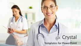  Presentation with physician - Audience pleasing presentation consisting of portrait of a friendly physician backdrop and a light gray colored foreground