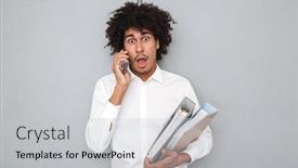  Presentation with man holding phone - Presentation theme having portrait of a frightened young afro american man talking on mobile phone while standing and holding binders isolated over gray background background and a light gray colored foreground