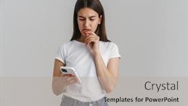  Presentation with long hair - PPT theme featuring portrait-of-a-frowning-young background and a  colored foreground