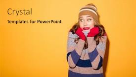  Presentation with frozen - Presentation theme consisting of portrait of a frozen girl dressed in winter clothes looking away at copy space isolated over yellow background background and a yellow colored foreground