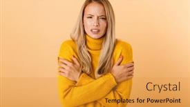  Presentation with frozen - Beautiful PPT layouts featuring portrait of a frozen young woman dressed in sweater standing isolated over yellow background wrapped in her arms backdrop and a gold colored foreground