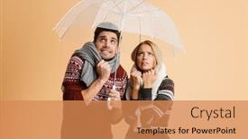  Presentation with under umbrella - Colorful presentation theme enhanced with portrait of a frozen young couple dressed in sweaters and scarves standing together isolated over beige background standing under umbrella backdrop and a coral colored foreground