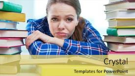  Presentation with piles - Cool new PPT layouts with portrait of a frustrated student backdrop and a yellow colored foreground