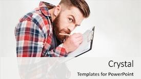  Presentation with writing notes - PPT layouts with portrait of a funny bearded background and a white colored foreground