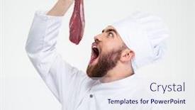  Presentation with cook chef - Theme with portrait of a funny chef cook reading to eat fresh meat isolated on a whtie background background and a sky blue colored foreground