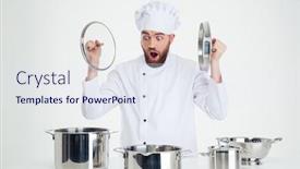  Presentation with cook chef - Beautiful slides featuring portrait of a funny male chef cook sitting at the table with dishes isolated on a white background backdrop and a sky blue colored foreground