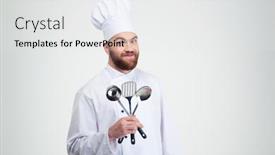  Presentation with cook chef - Slide deck with portrait of a funny male chef cook holding spoons isolated on a white background background and a white colored foreground